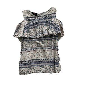 IZ Byer Girl Top XL 16 Cold Shoulder Ruffle Chest Keyhole Pink Blue SOFT